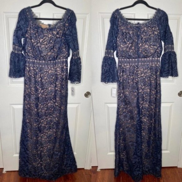NWT Tadashi Shoji Navy Blue Nude Lace Off The Shoulder Maxi Dress Gown Size 10 - Picture 2 of 12